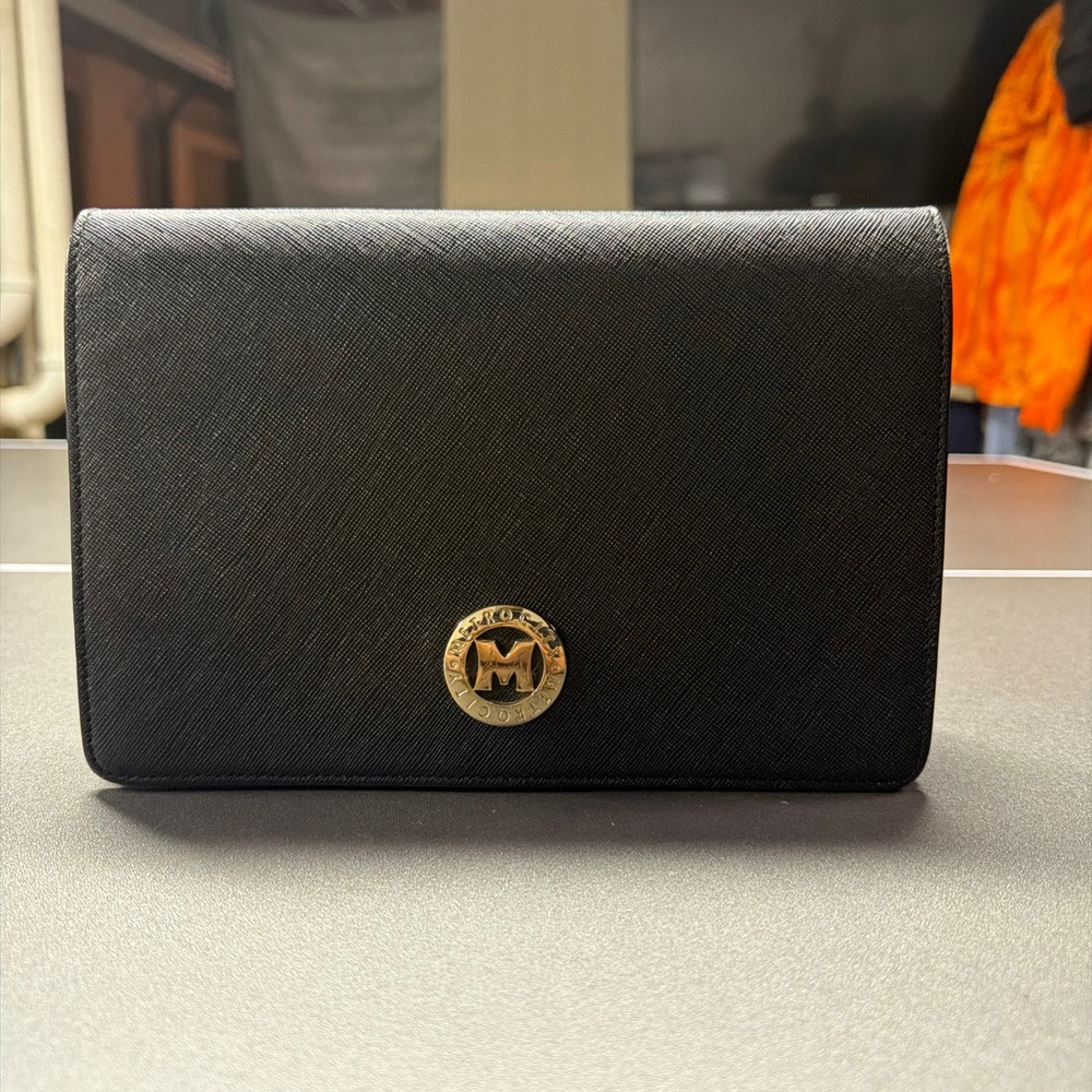 Metrocity Saffiano Black/Gold‎ Leather Crossbody Bag/Wallet Adjustable Straps
